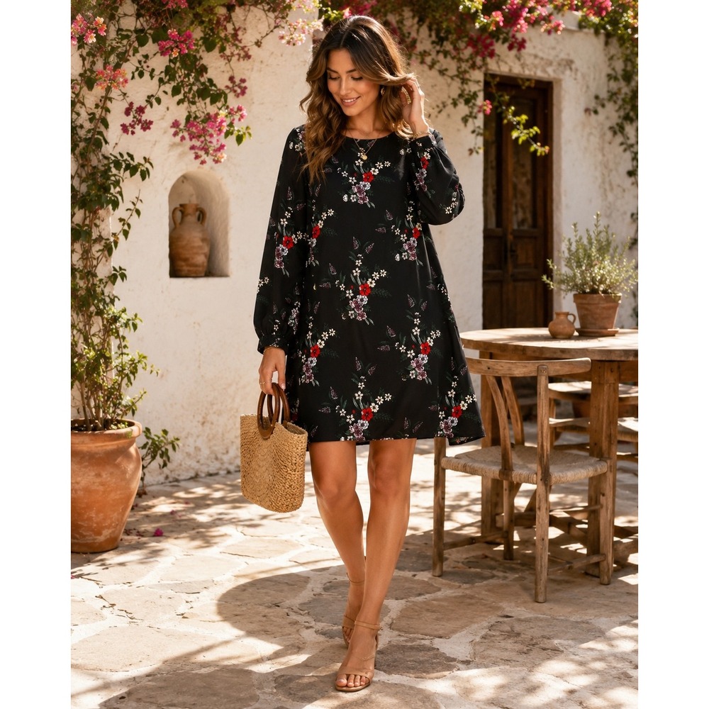 HM Black Floral Long Sleeve Shift Dress Womens Size 4 Mini Crepe Pleat Back